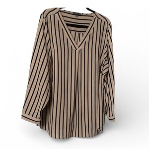 Adrianna Papell Black and Tan Striped V-Neck Blouse